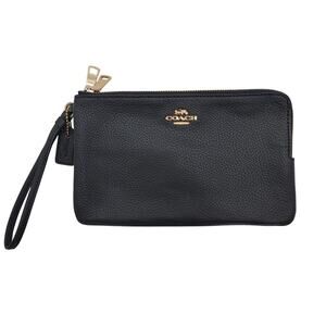 Coach Black Pebbled Leather Double Corn Zip Card Case Clutch Wristlet